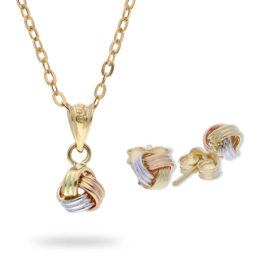 Tri Tone Gold Knot Pendant Set (Necklace and Earrings) 18KT - FKJNKLST18KU2034