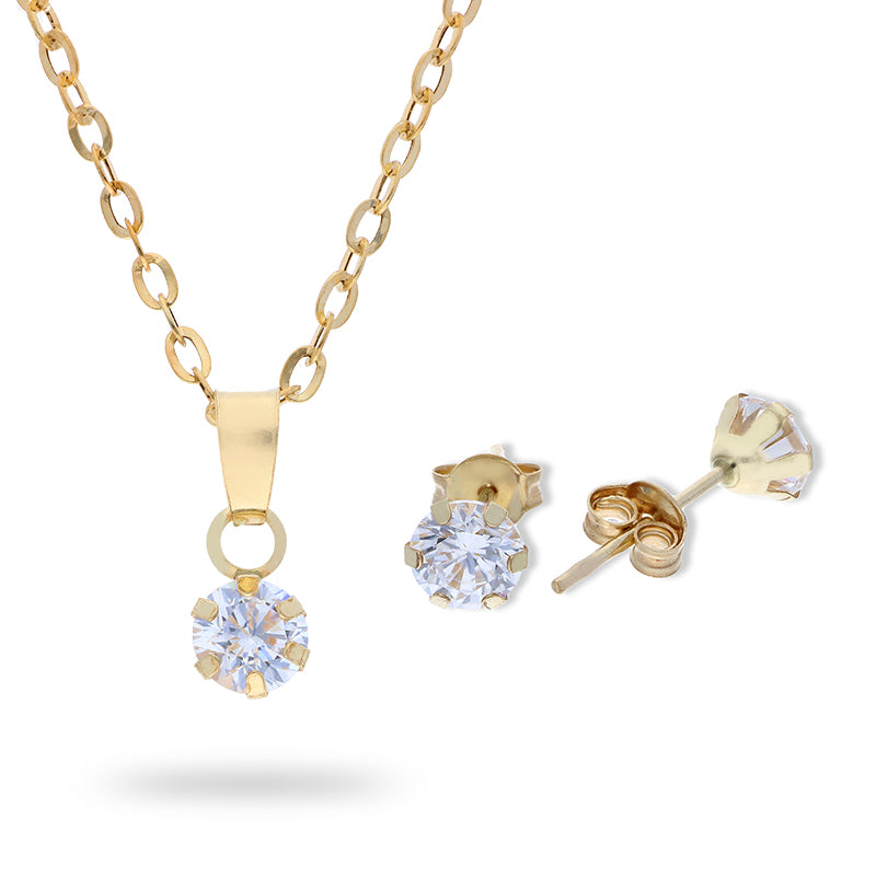 Gold Round Shaped Solitaire Pendant Set (Necklace and Earrings) 18KT - FKJNKLST18KU2035
