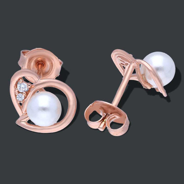 Sterling Silver 925 Rose Gold Plated Pearl in Heart Stud Earrings - FKJERNSLU3155