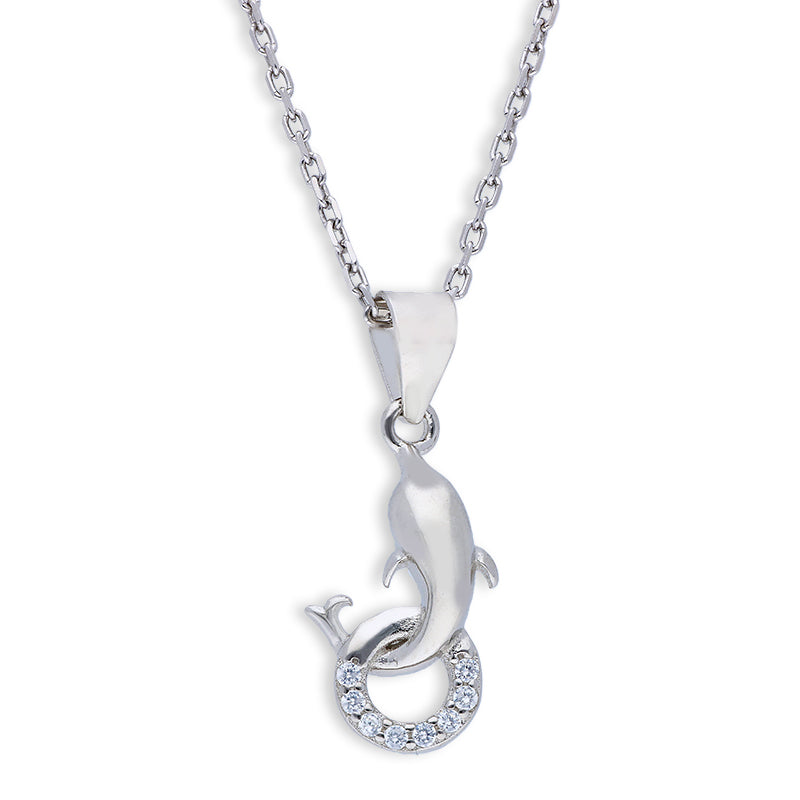 Sterling Silver 925 Dolphin Pendant Set (Necklace and Earrings) - FKJNKLSTSLU6075
