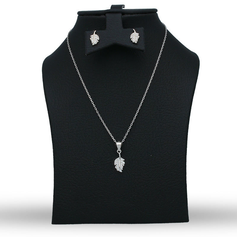 Sterling Silver 925 Leaf Shaped Pendant Set (Necklace and Earrings) - FKJNKLSTSLU6080