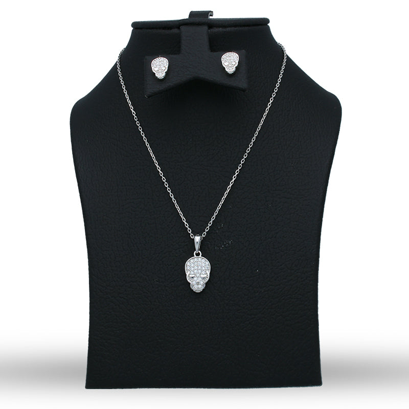 Sterling Silver 925 Skull Pendant Set (Necklace and Earrings) - FKJNKLSTSLU6076