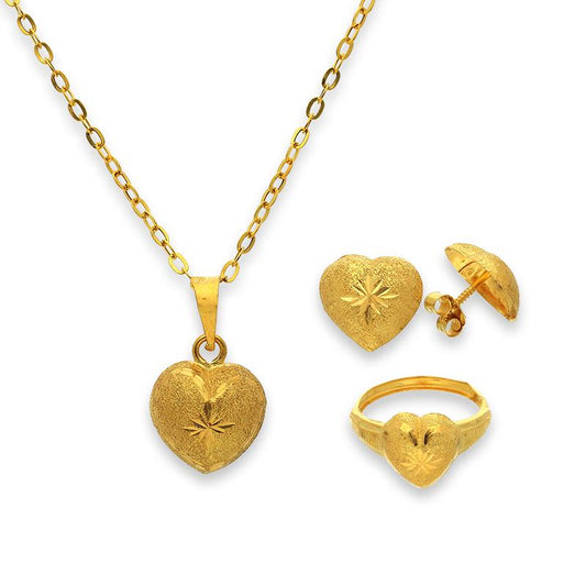 Gold Heart Pendant Set (Necklace, Earrings and Ring) 18KT - FKJNKLST18K2240