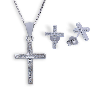Sterling Silver 925 Cross Shaped Pendant Set (Necklace and Earrings) - FKJNKLSTSLU2020