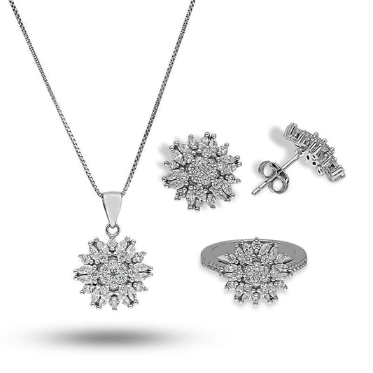 Sterling Silver 925 Flower Shaped Pendant Set (Necklace, Earrings and Ring) - FKJNKLSTSL2277