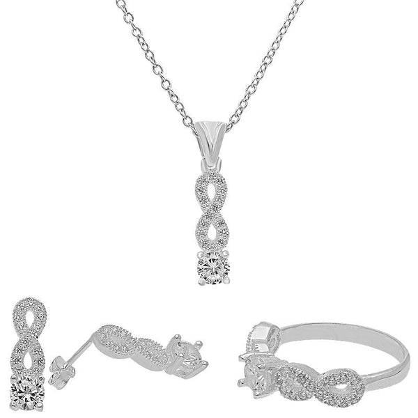 Sterling Silver 925 Infinity Solitaire Pendant Set (Necklace, Earrings and Ring) - FKJNKLST2029
