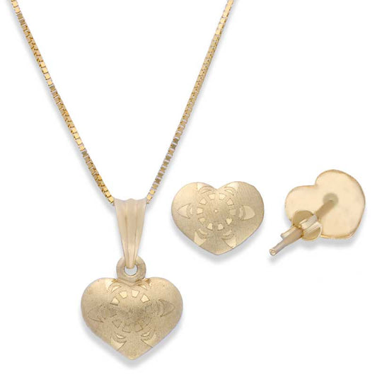 Gold Heart Shaped Pendant Set (Necklace and Earrings) 18KT - FKJNKLST18KU2002