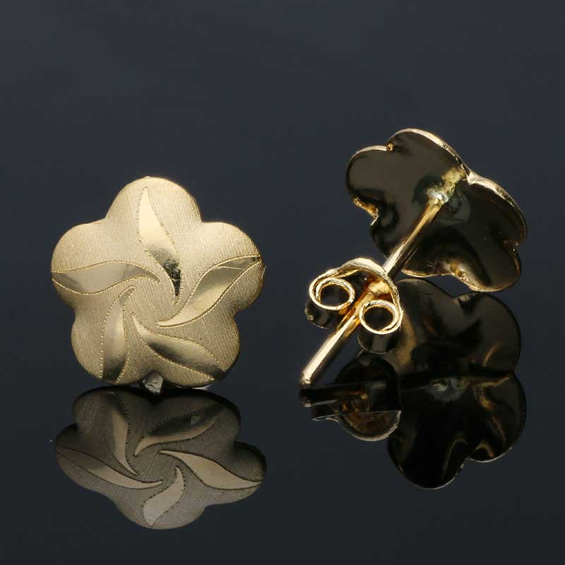 Gold Flower Shaped Stud Earrings 18KT - FKJERN18KU3057