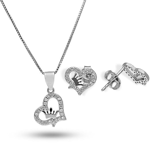 Sterling Silver 925 Heart with Crown Pendant Set (Necklace and Earrings) - FKJNKLSTSL2320