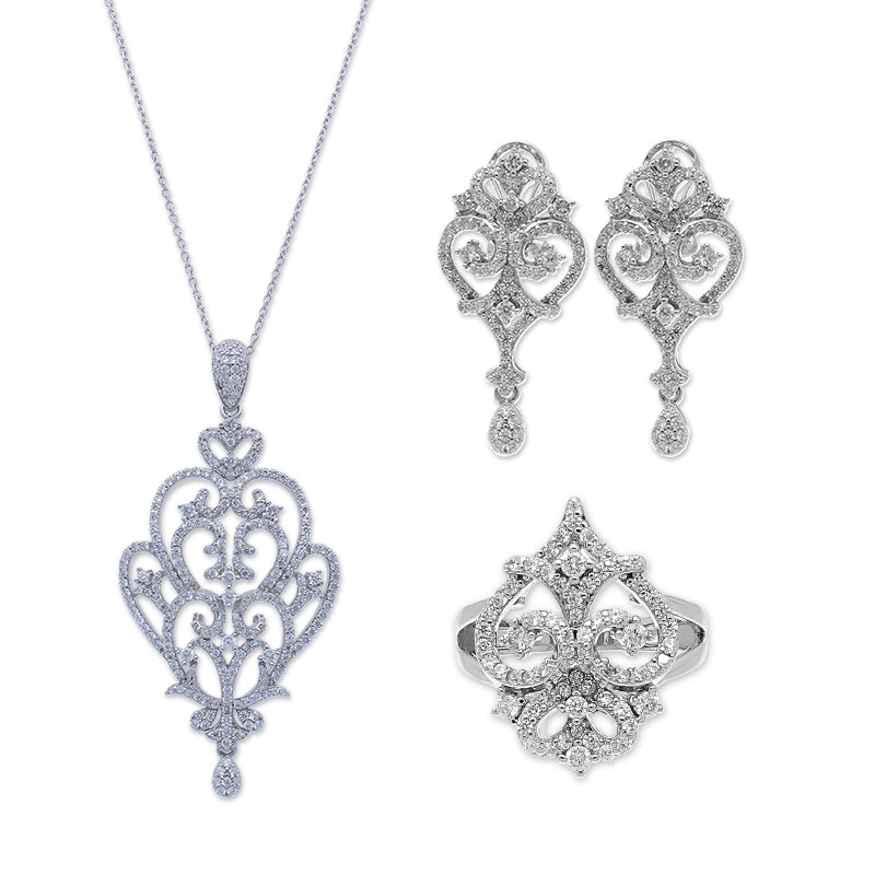 Sterling Silver 925 Pendant Set (Necklace, Earrings and Ring) - FKJNKLSTSLU2029