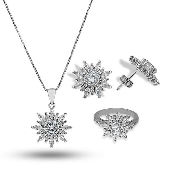 Sterling Silver 925 Solitaire Pendant Set (Necklace, Earrings and Ring) - FKJNKLSTSL2278