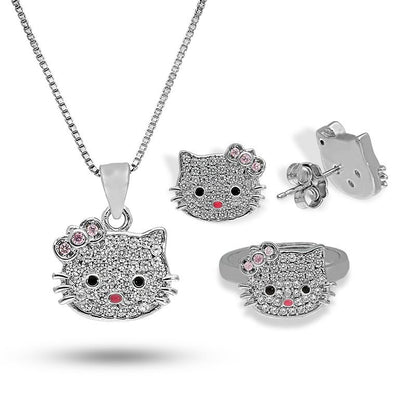 Sterling Silver 925 Hello Kitty Pendant Set (Necklace, Earrings and Ring) - FKJNKLSTSL2316