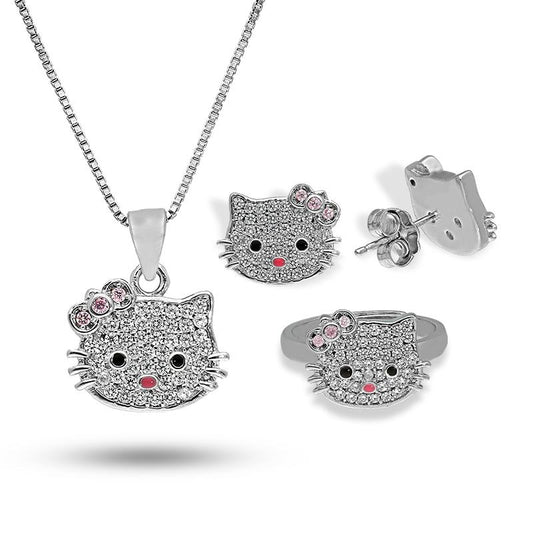 Sterling Silver 925 Hello Kitty Pendant Set (Necklace, Earrings and Ring) - FKJNKLSTSL2316