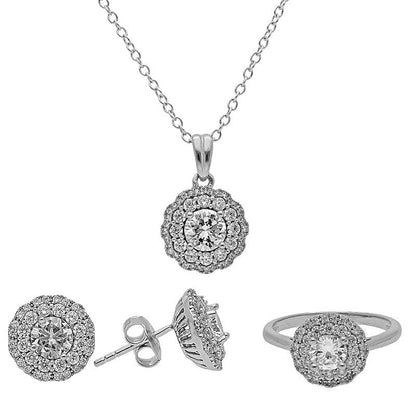 Sterling Silver 925 Round Pendant Set (Necklace, Earrings and Ring) - FKJNKLST2021