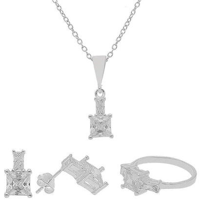 Sterling Silver 925 Princess Cut Shape Pendant Set (Necklace, Earrings and Ring) - FKJNKLST2002