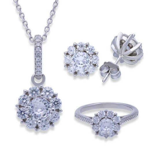 Sterling Silver 925 Flower Pendant Set (Necklace, Earrings and Ring) - FKJNKLSTSLU2023