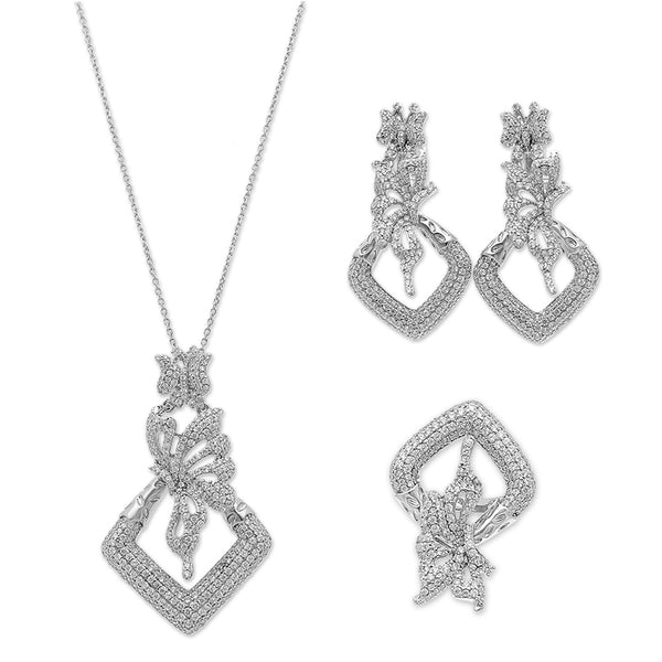 Sterling Silver 925 Pendant Set (Necklace, Earrings and Ring) - FKJNKLSTSLU2032