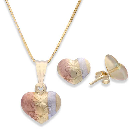 Trio Tone Gold Heart Shaped Pendant Set (Necklace and Earrings) 18KT - FKJNKLST18KU2004