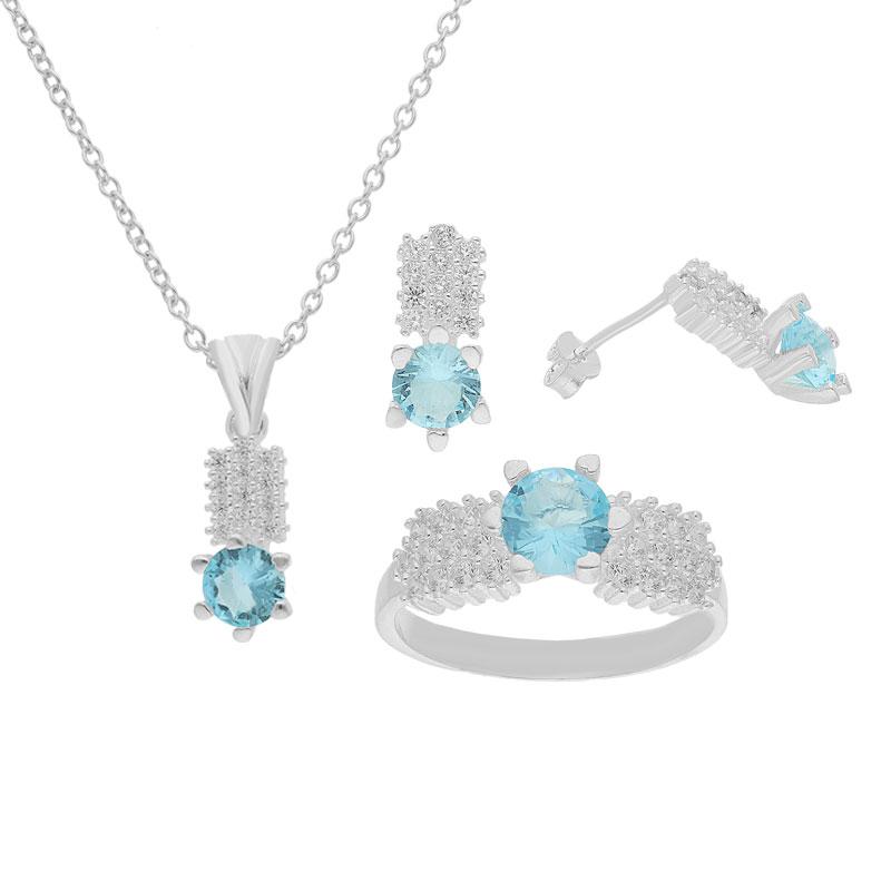 Sterling Silver 925 Aquamarine Solitaire Pendant Set (Necklace, Earrings and Ring) - FKJNKLSTSL2106