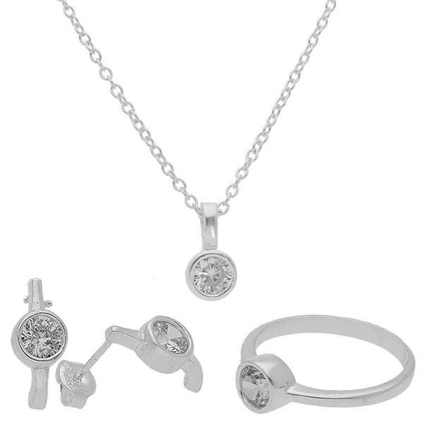 Sterling Silver 925 Round Solitaire Pendant Set (Necklace, Earrings and Ring) - FKJNKLST1989