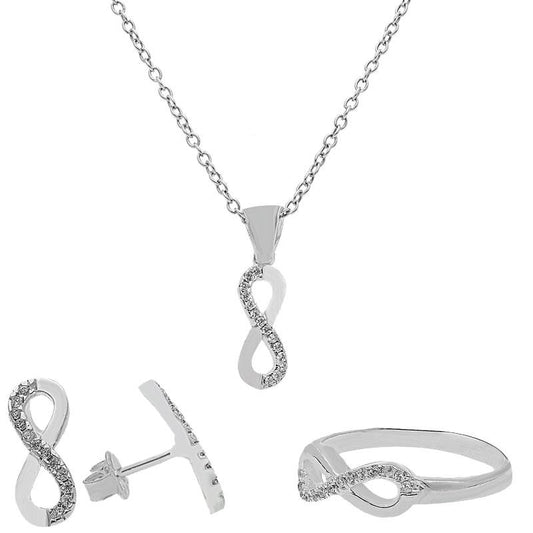 Sterling Silver 925 Infinity Pendant Set (Necklace, Earrings and Ring) - FKJNKLST2007