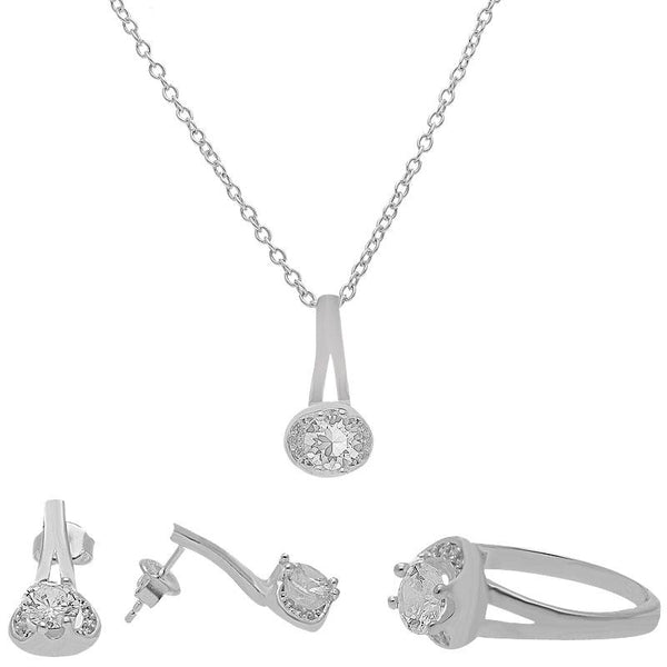 Sterling Silver 925 Solitaire Pendant Set (Necklace, Earrings and Ring) - FKJNKLST2030