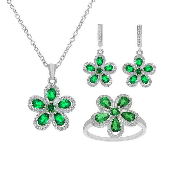 Sterling Silver 925 Flowers Pendant Set (Necklace, Earrings and Ring) - FKJNKLST2074