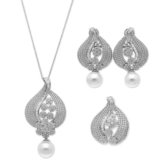 Sterling Silver 925 Leaf Shaped Pendant Set (Necklace, Earrings and Ring) - FKJNKLSTSLU2031