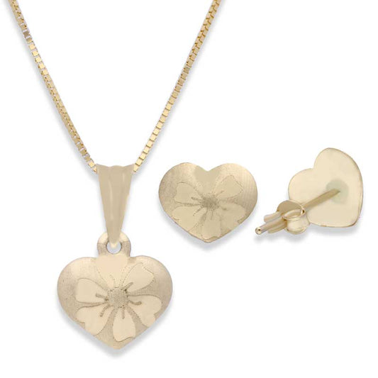 Gold Heart Shaped Pendant Set (Necklace and Earrings) 18KT - FKJNKLST18KU2005