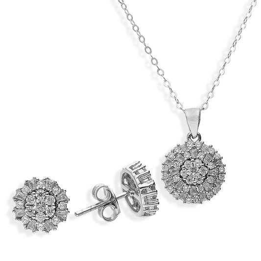 Sterling Silver 925 Round Flower Pendant Set (Necklace and Earrings) - FKJNKLSTSL2196