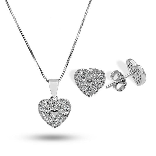 Sterling Silver 925 Heart Pendant Set (Necklace and Earrings) - FKJNKLSTSL2323