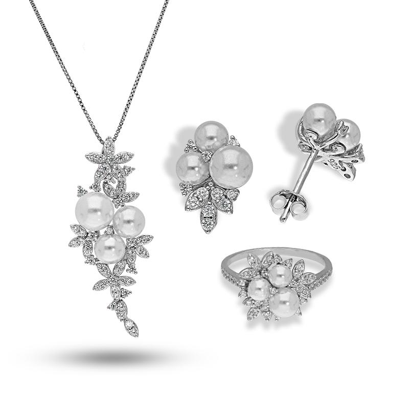 Sterling Silver 925 Flowers and Pearls Pendant Set (Necklace, Earrings and Ring) - FKJNKLSTSL2292