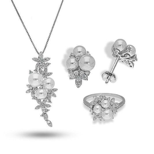 Sterling Silver 925 Flowers and Pearls Pendant Set (Necklace, Earrings and Ring) - FKJNKLSTSL2292