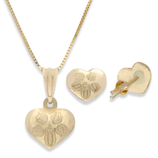 Gold Heart Shaped Pendant Set (Necklace and Earrings) 18KT - FKJNKLST18KU2006