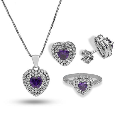 Sterling Silver 925 Heart Shaped Solitaire Pendant Set (Necklace, Earrings and Ring) - FKJNKLSTSL2293