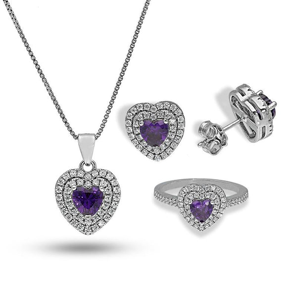 Sterling Silver 925 Heart Shaped Solitaire Pendant Set (Necklace, Earrings and Ring) - FKJNKLSTSL2293