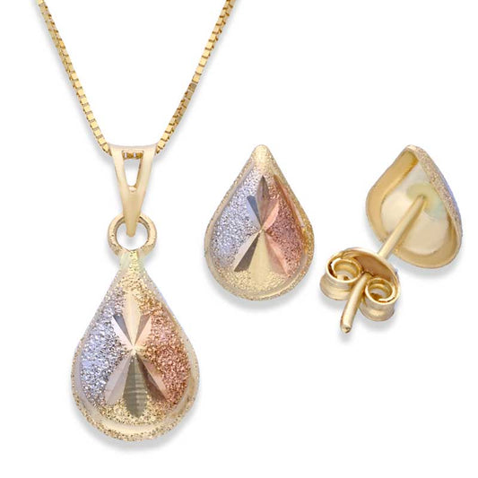 Trio Tone Gold Pear Shaped Pendant Set (Necklace and Earrings) 18KT - FKJNKLST18KU2015