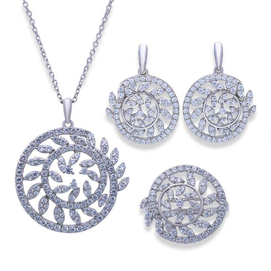 Sterling Silver 925 Flower Shaped Pendant Set (Necklace, Earrings and Ring) - FKJNKLSTSLU2027