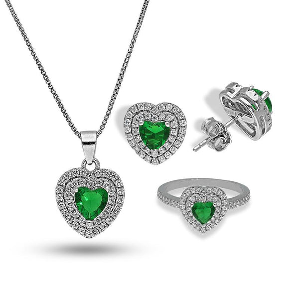 Sterling Silver 925 Heart Shaped Solitaire Pendant Set (Necklace, Earrings and Ring) - FKJNKLSTSL2294