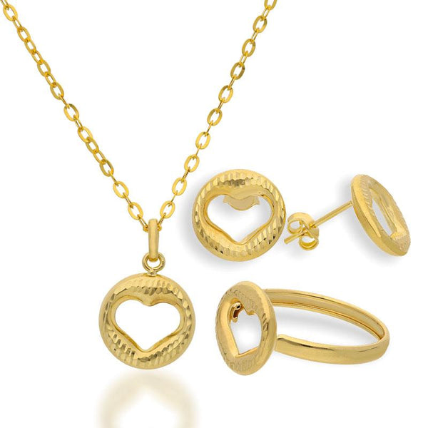 Gold Round Shaped Heart Pendant Set (Necklace, Earrings and Ring) 18KT - FKJNKLST18K2161