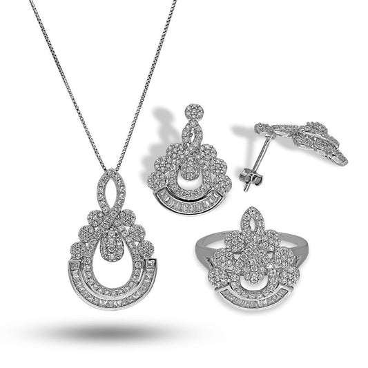 Sterling Silver 925 Pear Shaped Pendant Set (Necklace, Earrings and Ring) - FKJNKLSTSL2284