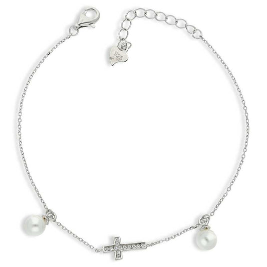 Sterling Silver 925 Cross with Hanging Pearl Bracelet - FKJBRLSL2282