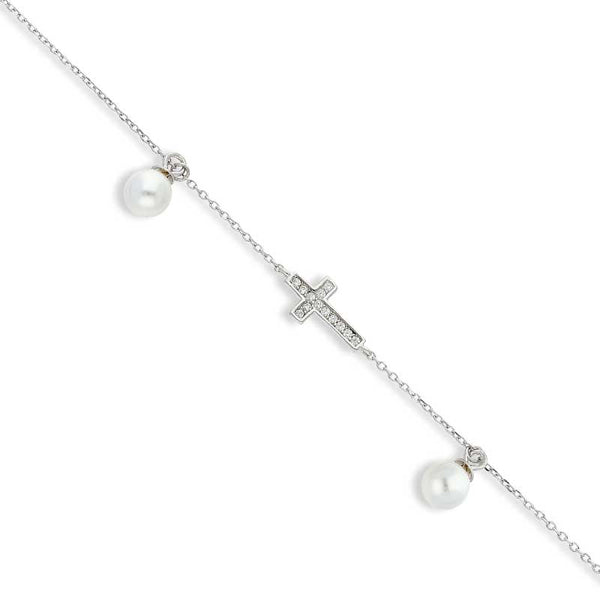 Sterling Silver 925 Cross with Hanging Pearl Bracelet - FKJBRLSL2282