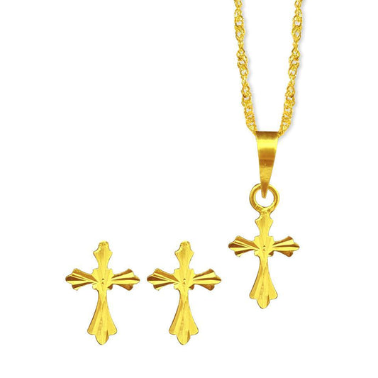 Gold Cross Pendant Set (Necklace and Earrings) 18KT - FKJNKLST1847-fkjewellers