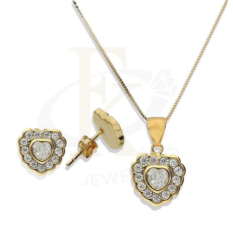 Gold Heart Shaped With Swarovski Gemstones Pendant Set (Necklace And Earrings) 18Kt -