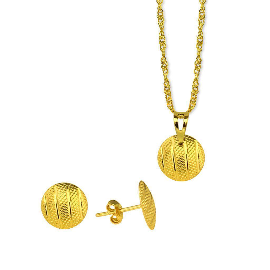 Gold Round Pendant Set (Necklace, and Earrings) 18KT - FKJNKLST1896-fkjewellers